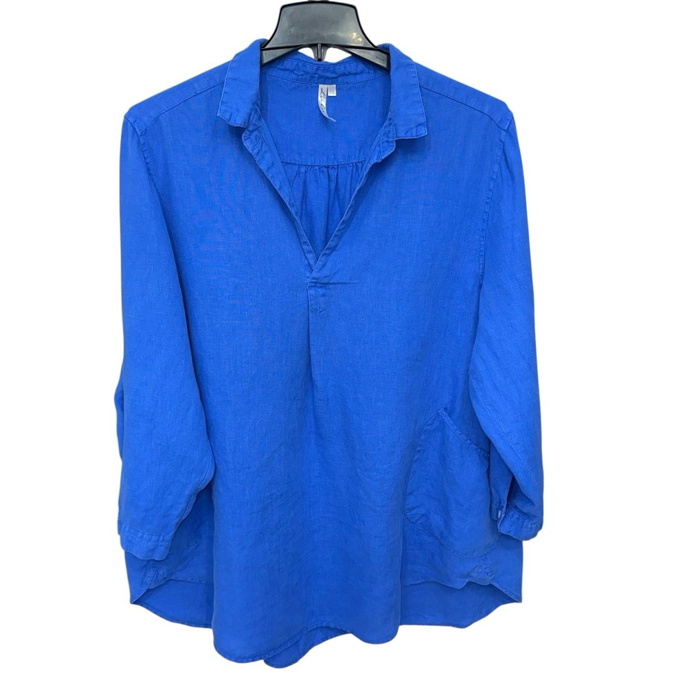 Lulu B 2 Pocket Pullover Top Womens Sz 1X Linen Lagenlook Beachy V-Neck